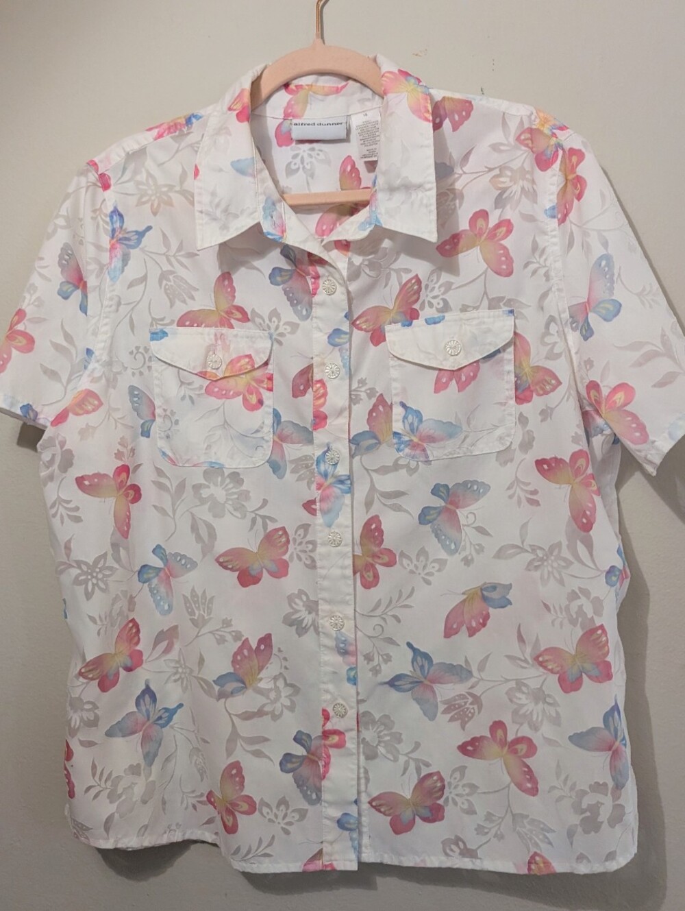 Alfred Dunner Sheer Butterfly Short Sleeve Button Up Pastels Size 18